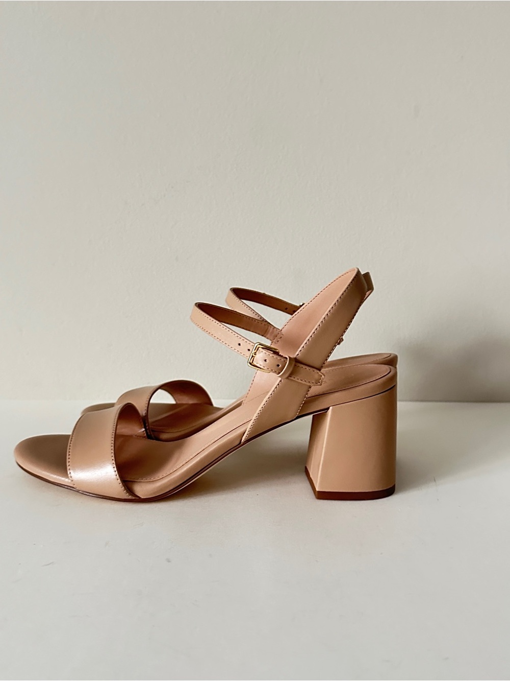 Cole Haan Josie Nude Leather Block Heel Sandals with Ankle Strap, Sz 8 Preowned